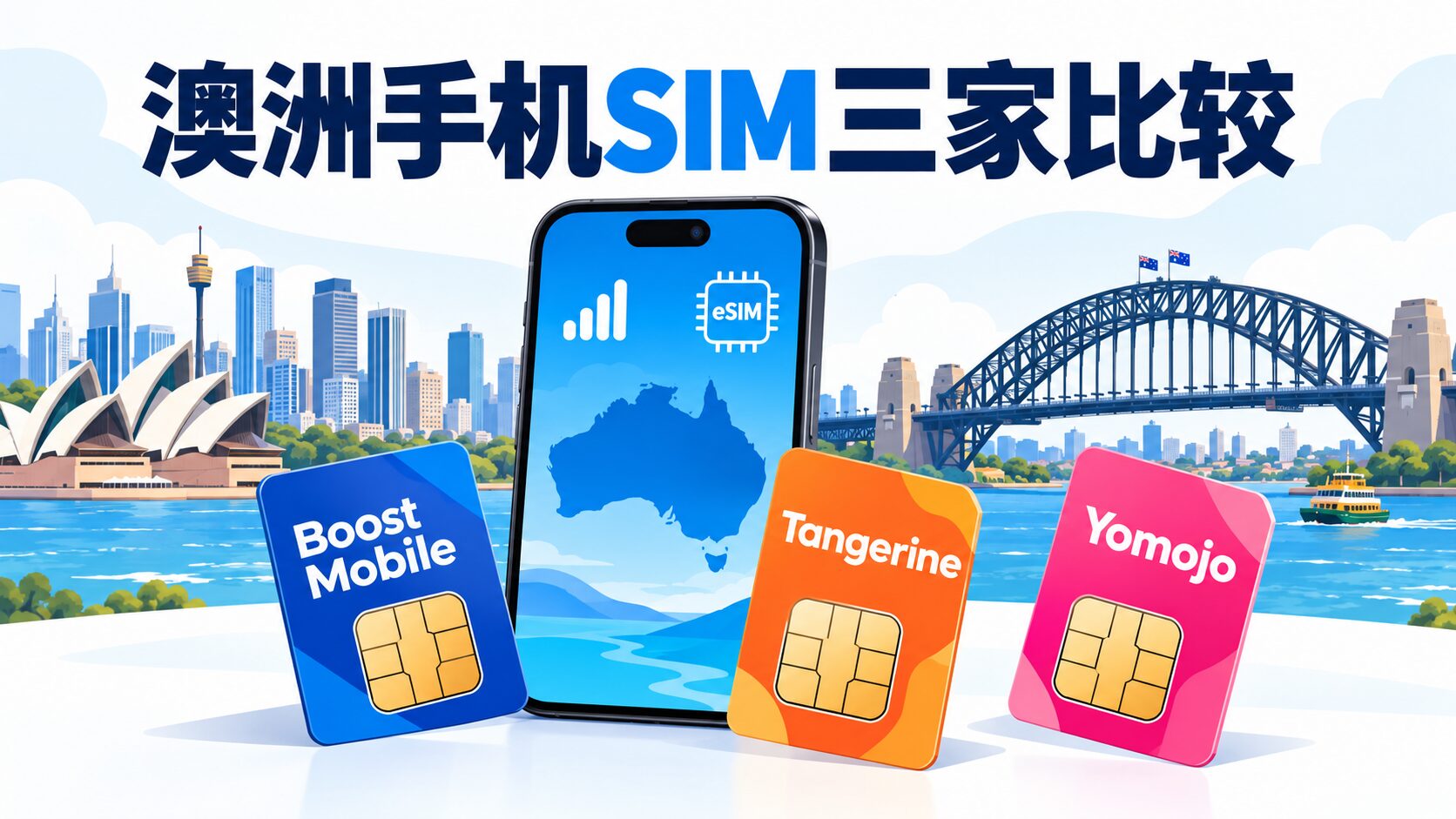 悉尼海港与Boost、Tangerine、Yomojo三家手机SIM套餐比较示意图